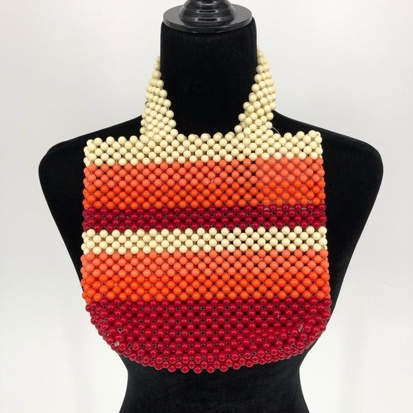 Urban Outfitters Retro Orange Red Cream Beaded Handbag NWT - Picture 5 of 11